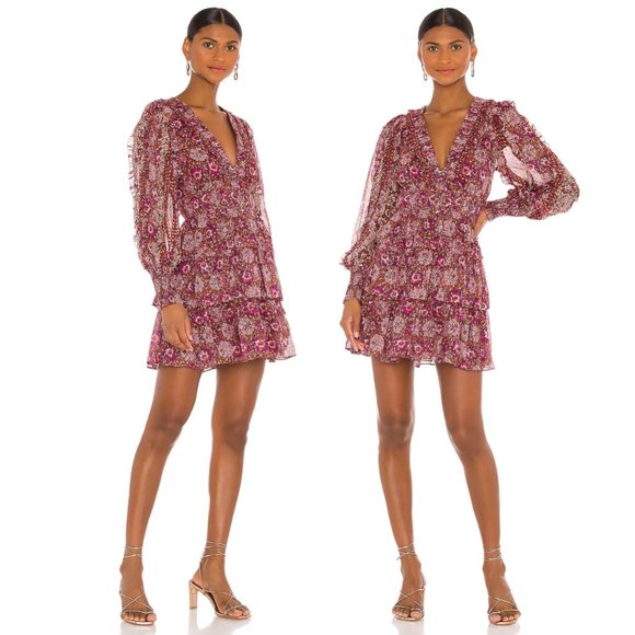 Ulla Johnson Brisa Mini Dress Sz 0 Claret Patchwork Ruffle Metallic V-NeckUlla J - Picture 1 of 14